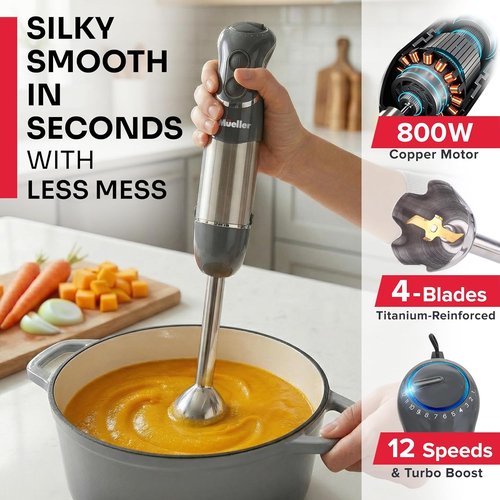 Mueller Multistick 5-in-1 Immersion Blender - 12 Speed Hand Mixer with Turbo Boost & Titanium Blades | Grey