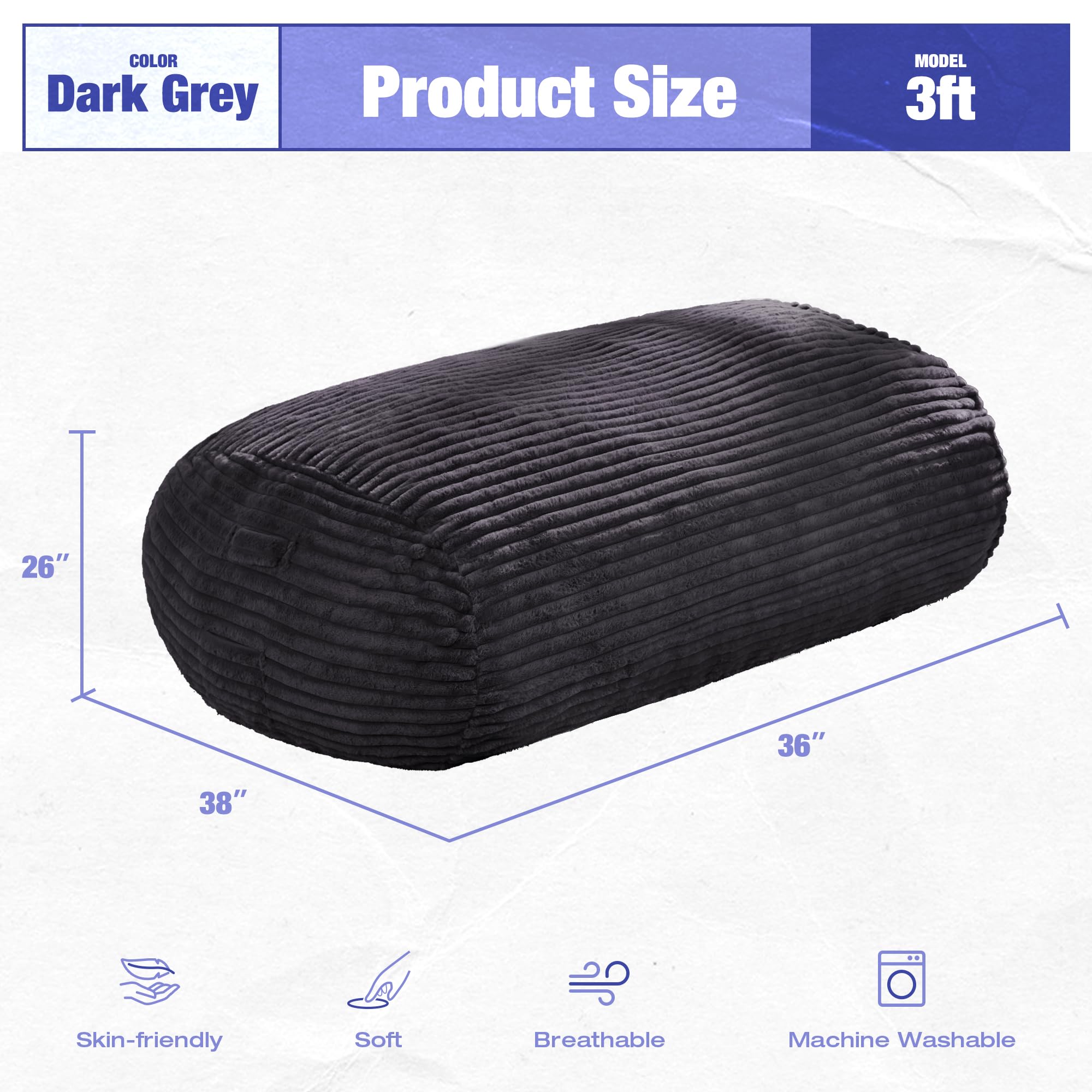 Hobestluk 3FT Bean Bag Chairs Adult Bean Bag with Portable Handle Comfy Large Bean Bag Chair with Removable Cover for Living Room Bedroom or Reading Nook (Stripe Dark Grey, 3FT)