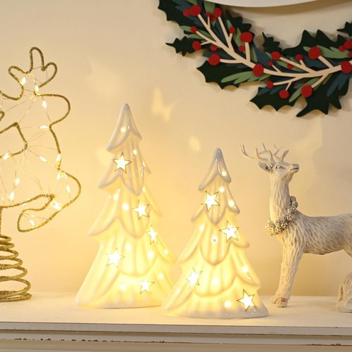 AOMOONOA Ceramic White Christmas Trees - 2Pcs Light-Up Tabletop Porcelain Xmas Tree Figurines for Modern Home Decor