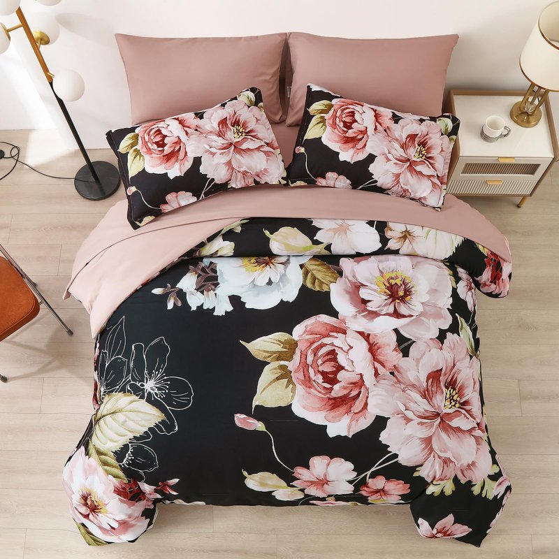 Floral Comforter Set King Size 7 Pieces Bed in a Bag,Black Flower Pattern Comforter and Sheet Set,Soft Microfiber Bedding for All Season