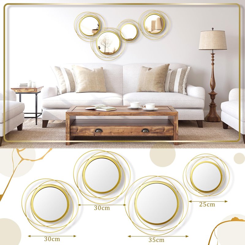 Hicarer 4 Pcs Decorative Wall Mirror Round Modern Circle Mounted Mirror Metal Wall Art Decor for Bedroom Living Room Entryway Dining Room Hallway(Gold)