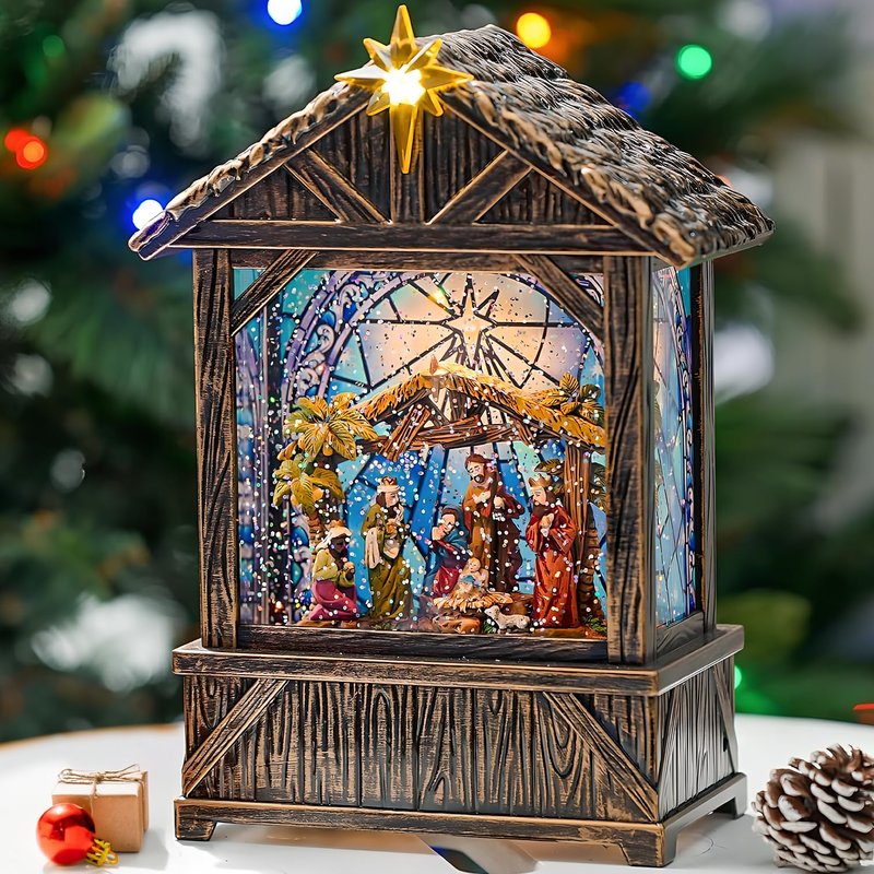 Nativity with Star Musical Lighted Water Creche with Swirling Glitter, Christmas Snow Globe Nativity Manger for Xmas with Music, Holiday Decorations Gifts for Family, Children or Friends