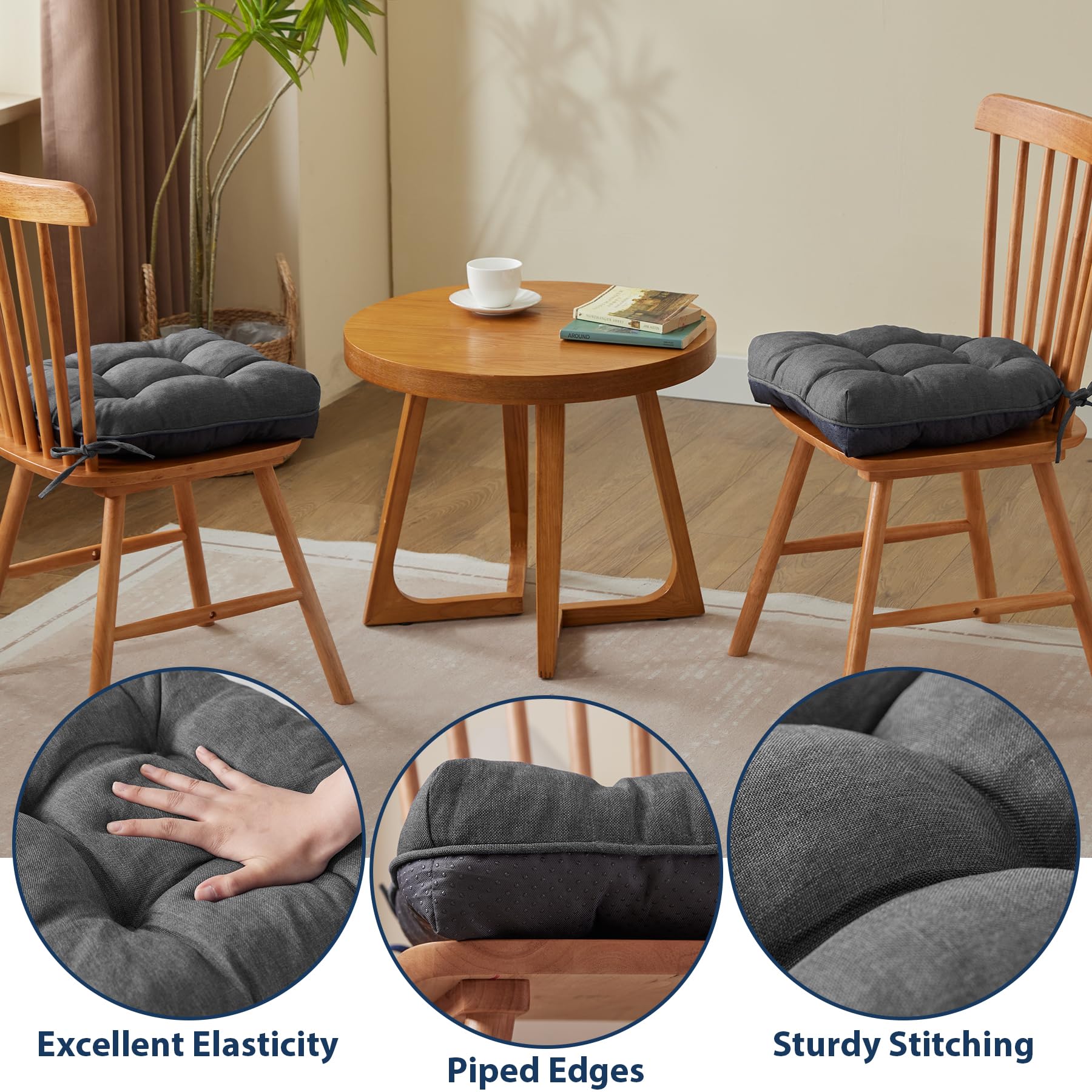 IASEAHK Chair Cushions for Dining Chairs, Seat Cushions for Kitchen Chairs, Indoor Seat Cushions with Ties, Tufted Foam Chair Pads, Non Slip Chair Cushions Set of 6, 15.5" x 15.5" x 4", Dark Grey