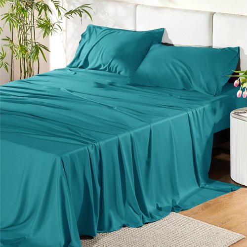 Bedsure Cooling California King Sheet Set - Breathable Rayon from Bamboo, Deep Pocket Up to 16 Inches, Turquoise