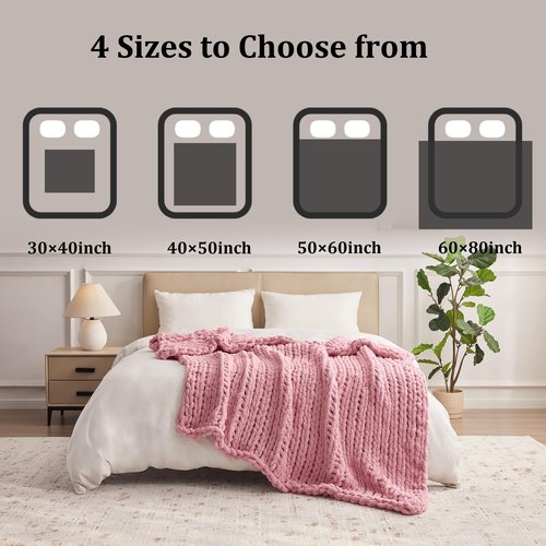 Chenille Chunky Knit Throw Blanket 60"×80" 100% Hand Knitted with Thick Jumbo Chenille Yarn for Bed Couch Soft Cozy and Machine Washable Cute Comfy Blanket for Home Decor ((Light Pink, 60"×80")