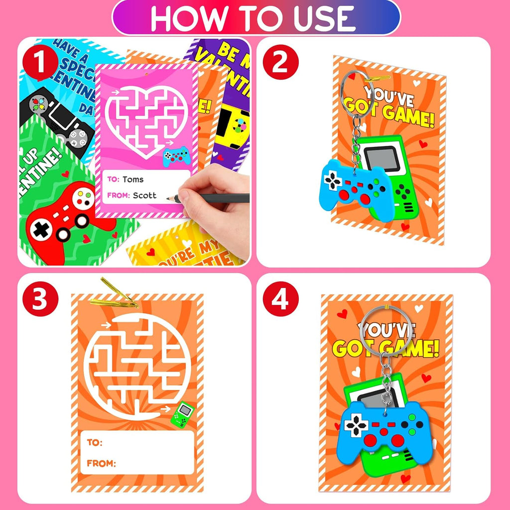 Skiennix 30-Pack Valentine's Day Cards - Fun Video Game Keychains for Kids | Perfect Classroom Exchange Gifts
