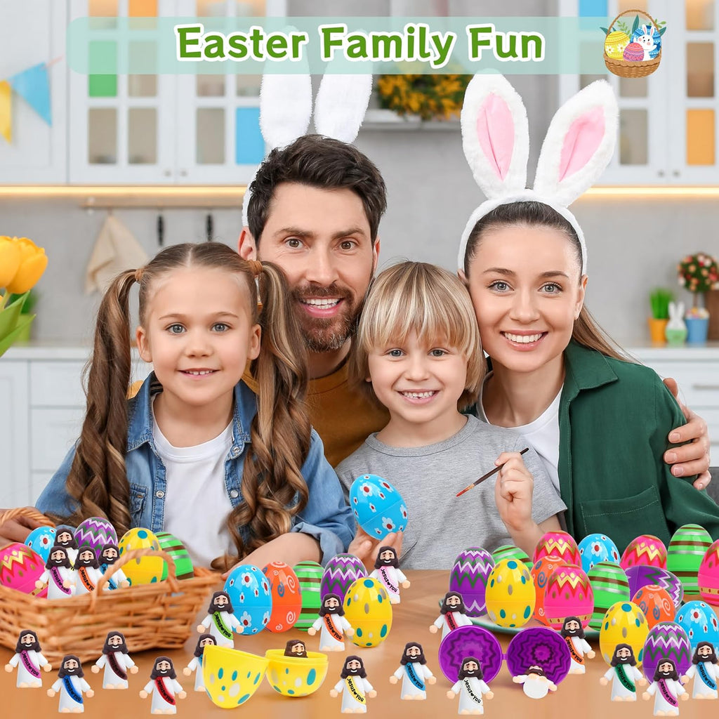 Regine Switzerland Easter Basket Stuffers - 60 PCS Colorful Eggs & Jesus Figurines for Kids' Parties