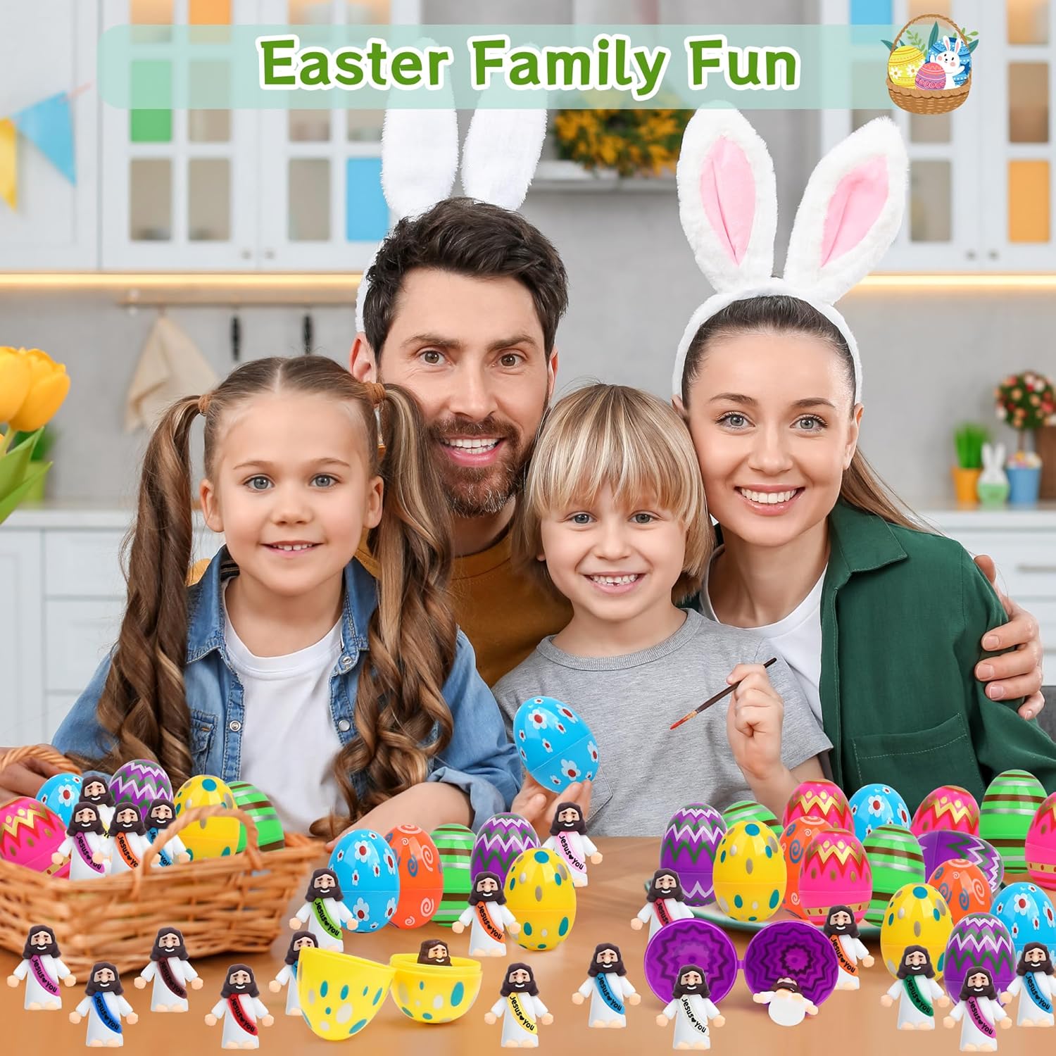 Regine Switzerland Easter Basket Stuffers - 60 PCS Colorful Eggs & Jesus Figurines for Kids' Parties