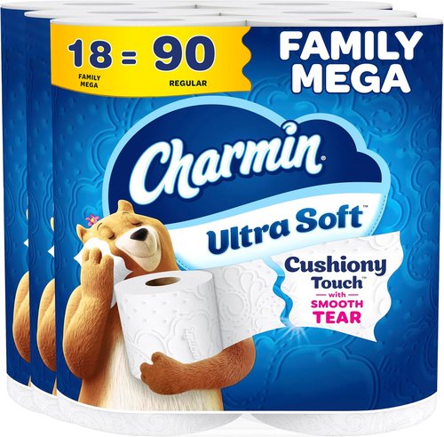 Charmin Ultra Soft Toilet Paper - Cushiony Touch, 2-Ply, 18 Family Mega Rolls (90 Regular Rolls) - White