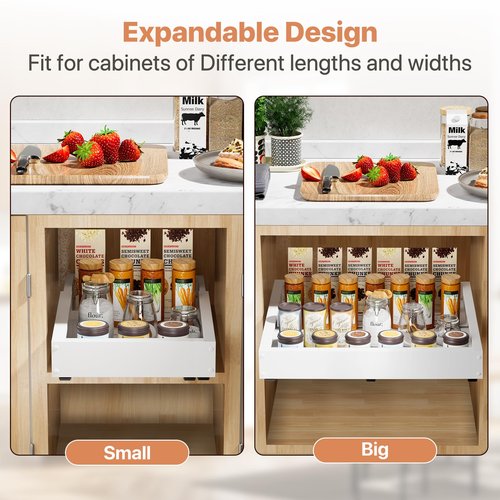 BUFOR 1 Pack Pull out Cabinet Organizer, Width (12"-19") Depth (17"-23"), with 3 Rails Adjustable Slide, Expandable Pullout Drawers for Cabinets, No Drill Adhesive Kitchen Drawers for Pantry Shelves