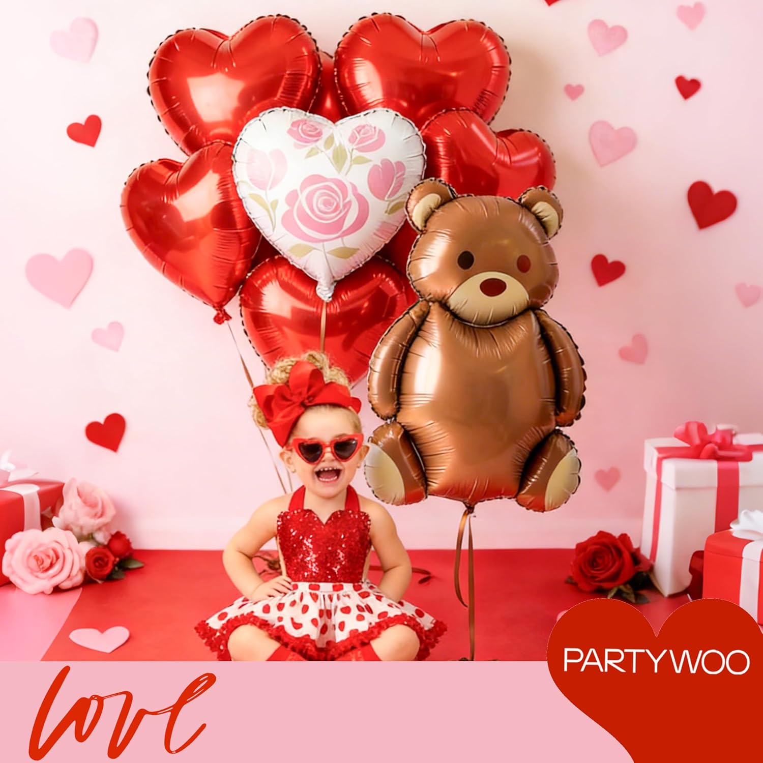 PartyWoo Valentine's Balloons - 15pcs Foil Bear & Red Heart Balloons | 24 & 18 Inch for Romantic Celebrations