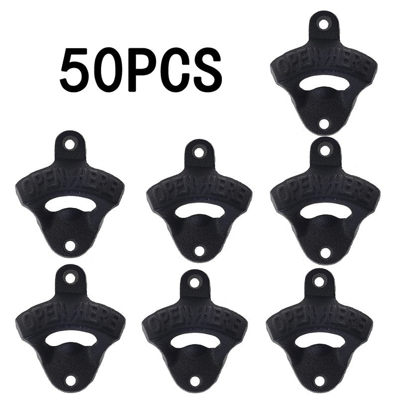 Jumiok 50 Packs Black Cast Iron Beer Bottle Opener Wall Mounted Soda Cap Opener Bulk Open Here for Bar DIY Board Table Cooler