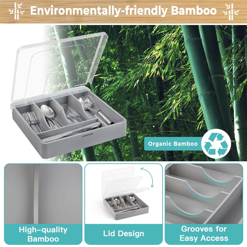 QINOL Bamboo Silverware Tray with Lid, Utensil Drawer Organizer for Kitchen Countertop, Wooden Flatware Organizers and Storage Holder, Bamboo Grey