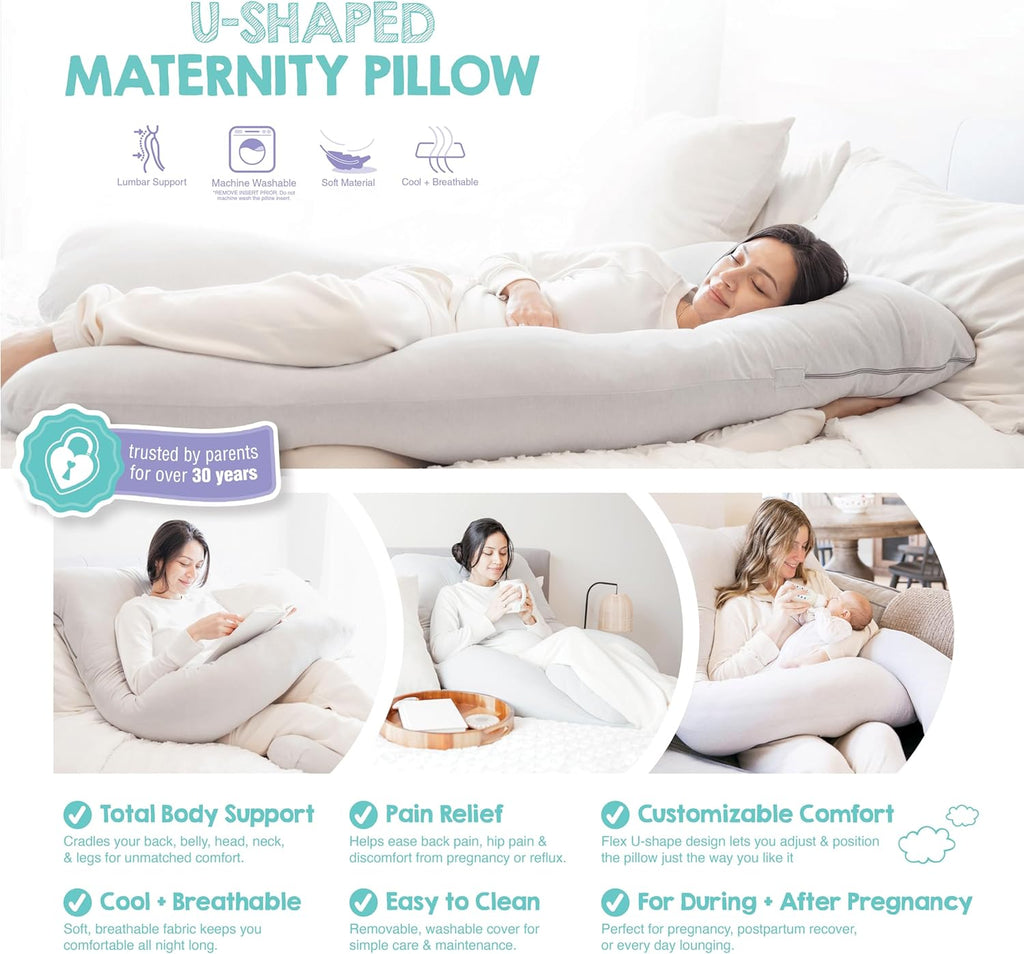 Regalo Premium U-Shaped Pregnancy Pillow - Ultra Soft Full Body Support for Sleeping & Feeding | Grey Removable Cover