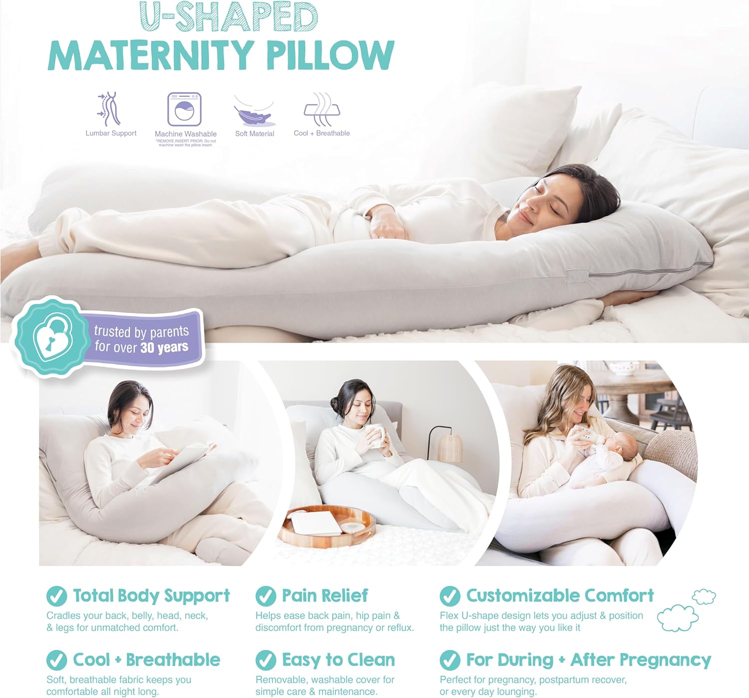 Regalo Premium U-Shaped Pregnancy Pillow - Ultra Soft Full Body Support for Sleeping & Feeding | Grey Removable Cover