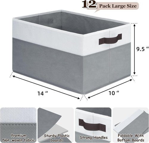 Criusia Large Fabric Storage Baskets - 12 Pack Grey Collapsible Organizers with Handles | 14"x10"x9.5" for Home & Nursery