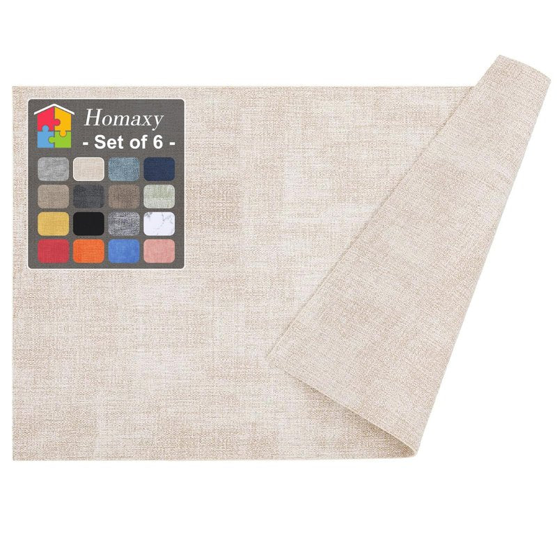 Homaxy Faux Leather Heat Resistant Placemats for Dining Table Set of 6, Waterproof Wipeable Washable PU Table Mats, Easy to Clean Anti-Slip Place Mats, 11.8" x 17", Beige