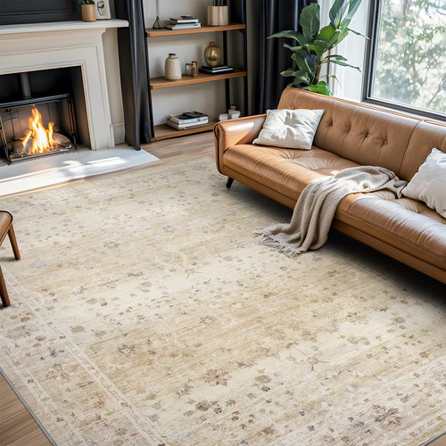 Large 8x10 Area Rugs Washable Non Slip Rug Low Pile Area Rug Distressed Printed Carpet Soft Area Rug for Living Room Dinning Room Bedroom Playroom Indoor, Beige