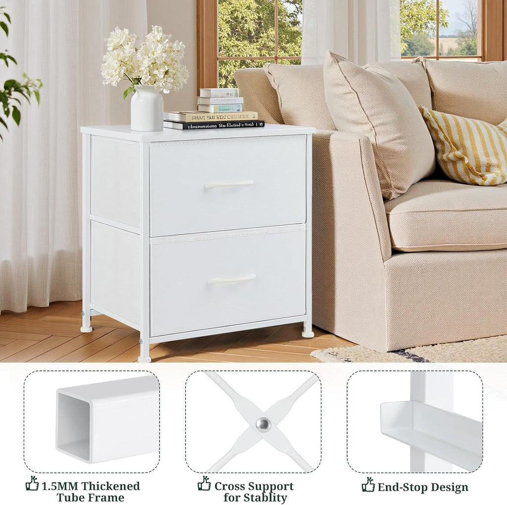 Regine Switzerland Nightstand - Small 2 Drawer Dresser with Wooden Top & Fabric Bins | White, 11.8" D x 18" W x 20" H