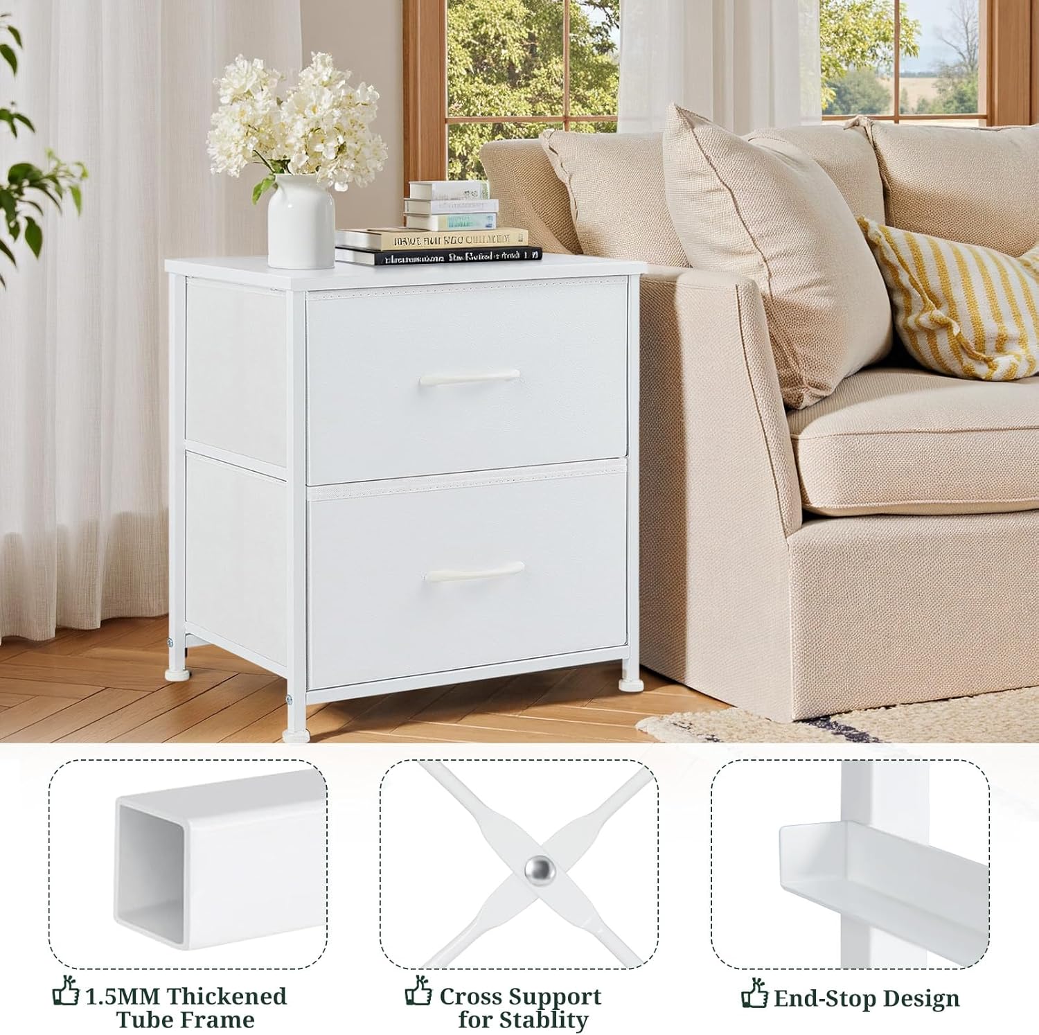 Regine Switzerland Nightstand - Small 2 Drawer Dresser with Wooden Top & Fabric Bins | White, 11.8" D x 18" W x 20" H