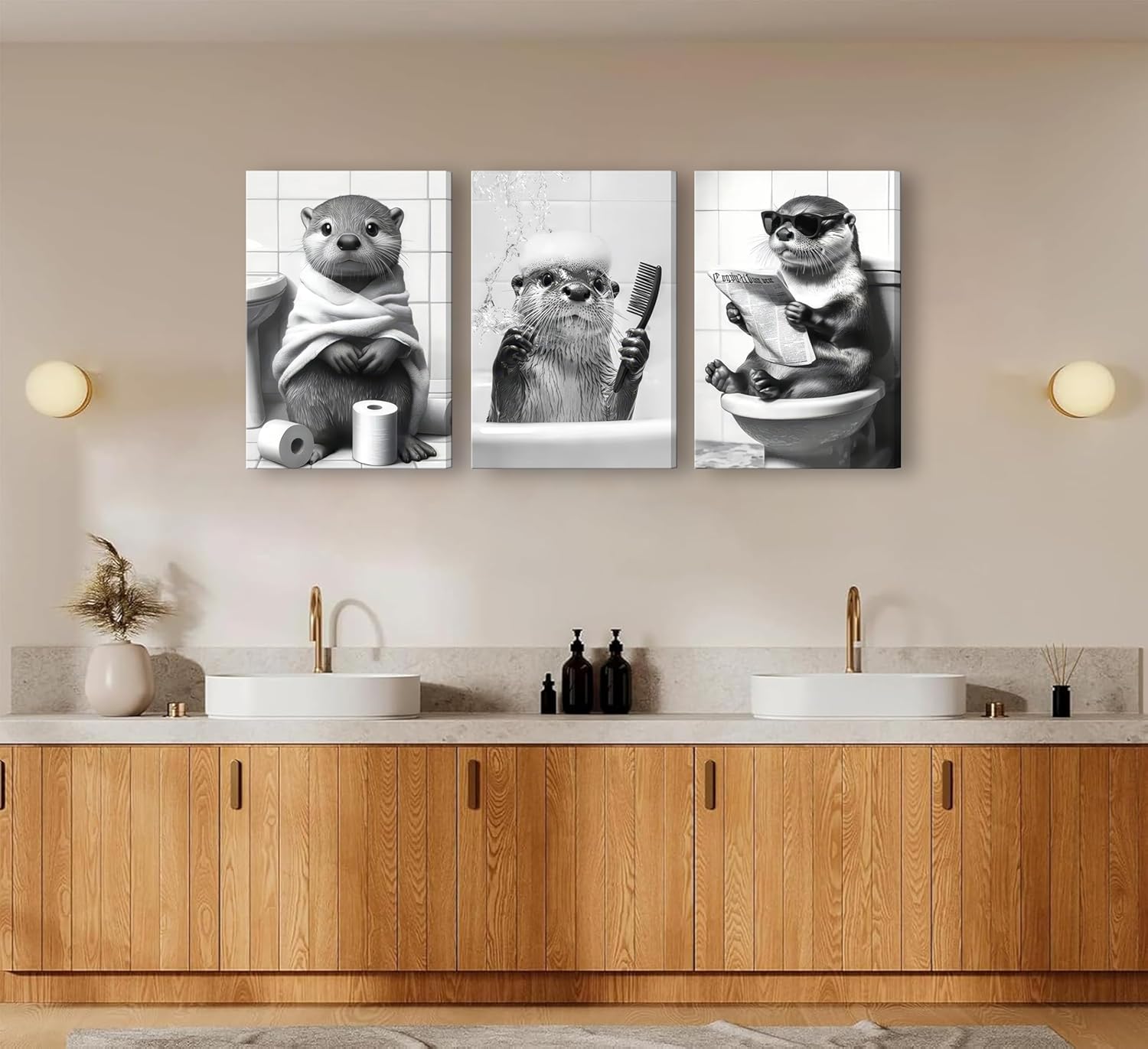 Skiennix Cute Otter Canvas Wall Art - Funny Black and White Animal Print | 3-Piece Bathroom Decor