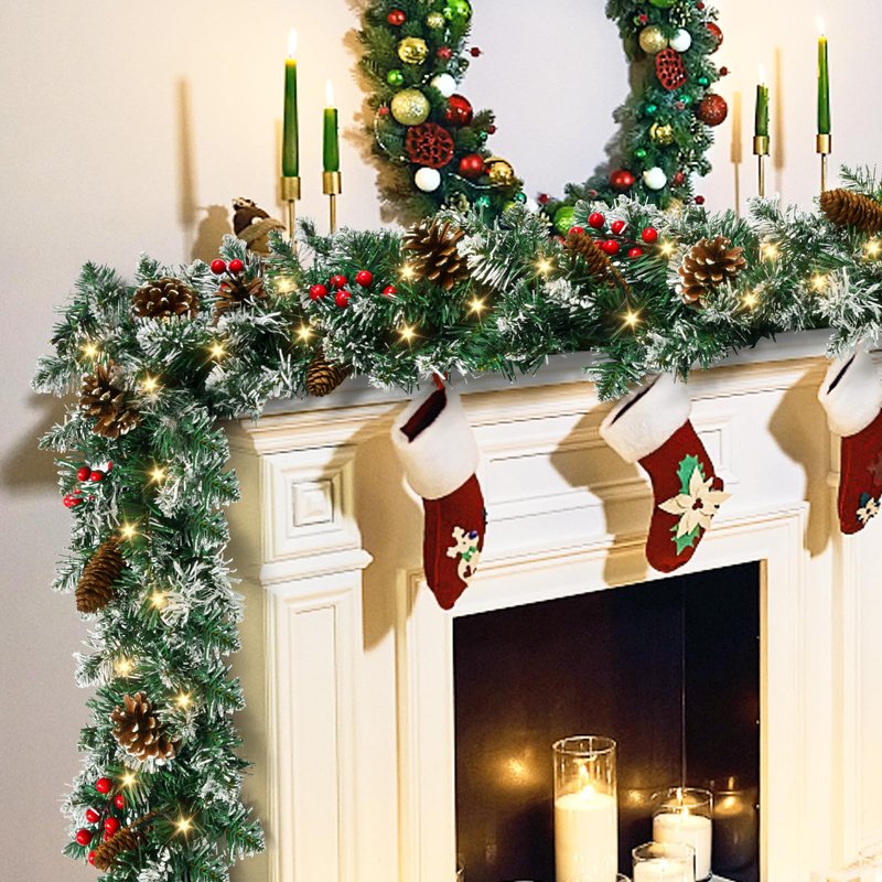 Christmas Garland with Lights,6FT Prelit Christmas Garland Battery Operated Xmas Garland with Christmas Blue Balls,Pine Cones and Pine Needles for Mantle Fireplace Staircase Porch Decor