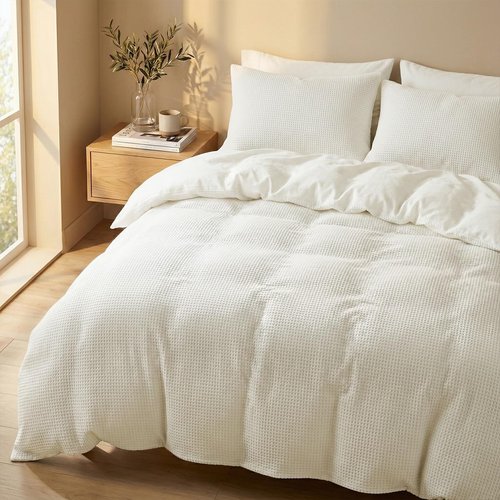 DCSKY Cotton Duvet Cover Queen,100% Cotton Waffle Weave White Duvet Covers Queen Size,Luxury Textured & Breathable 3pcs with 2 Pillow Shams for All Season 90x90 Inches