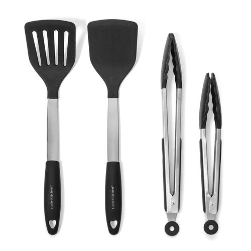 Daily Kitchen Spatulas Heat Resistant Silicone and Stainless Steel – Tongs and Turners with Rubber Grip - Flexible Silicone Spatula Tongs for Cooking and Non Stick Cookware – Cooking Utensils 4-Set