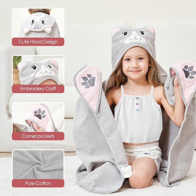 Style Quarters 100% Cotton Kids Hooded Bath Towel with Embroidery - Large 50"x24" Soft Terry Toddler Beach Towel, Cartoon Cat Hooded Towel for Boys & Girls (Grey Cat)