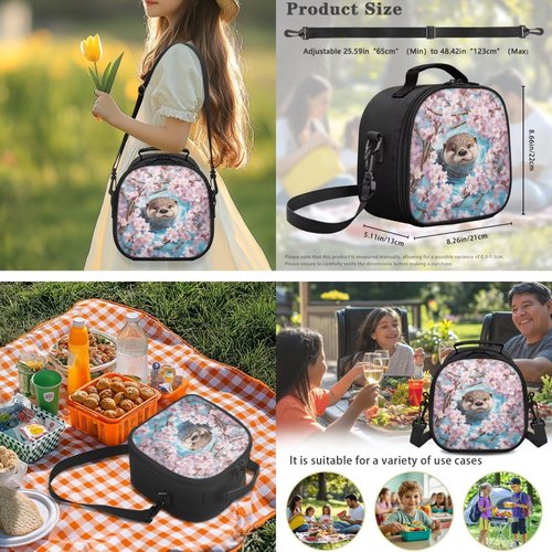 ELEDIZI Cherry Blossom Otter Backpack for Girls Kids Backpack with Lunch Box Water Bottle Carrier and Big Pencil Case 4Pcs Set 17" Bookbag with Compartments Lightweight School Bag for Elementary Girls