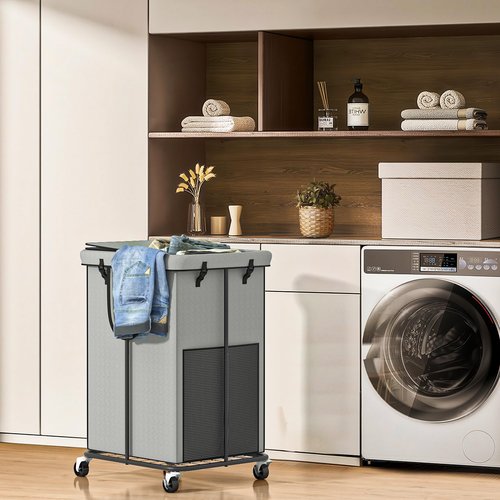 Large Laundry Hampers with Lid, Oxford Fabric Laundry Hampers, Metal Frame and Removable Bag Design with Wheels, Suitable for Bedroom, Bathroom, Dorm Room, Laundry Room (Grey with Lid)