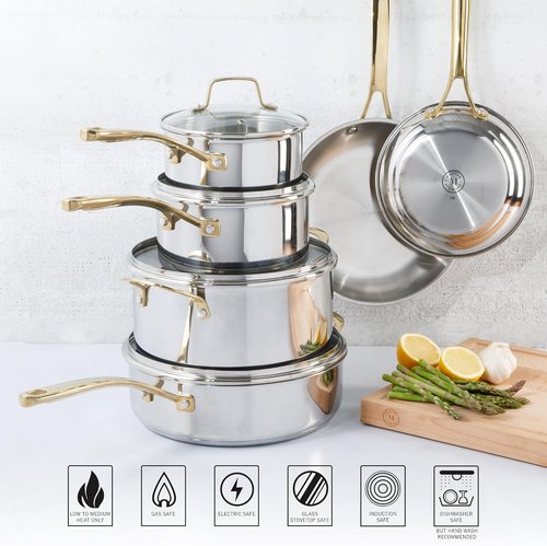 Martha Stewart Castelle 10-Piece Stainless Steel Cookware Set | Durable Induction Safe with Gold Handles