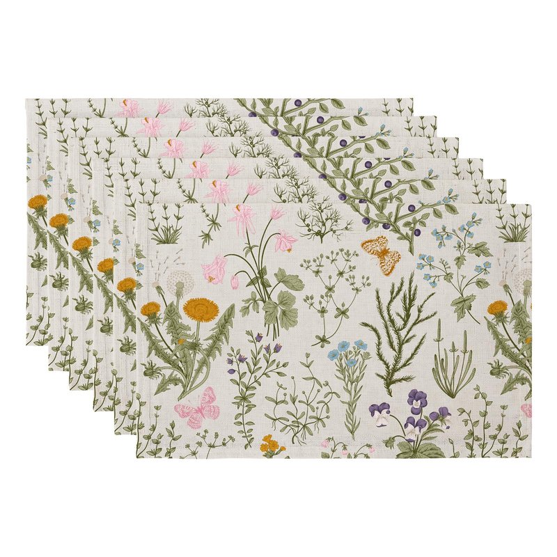 QIYI Boho Placemats Set of 6, 12x18 Inch Linen Fabric Floral Place Mats for Kitchen Dinning, Farmhouse Rustic Cloth Table Mats, Washable Placemat Botanical Party Table Décor, Wildflowers Herbs
