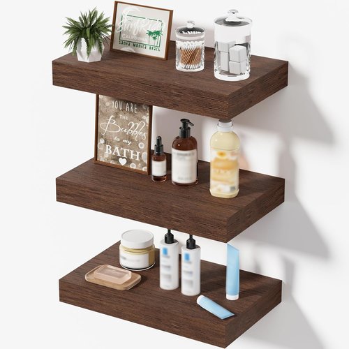 Modern Wooden Floating Shelves by [Brand Name] - Stylish Wall-Mounted Bathroom & Book Shelf | Set of 3 (Walnut-Like, 12x7x1.5 in)