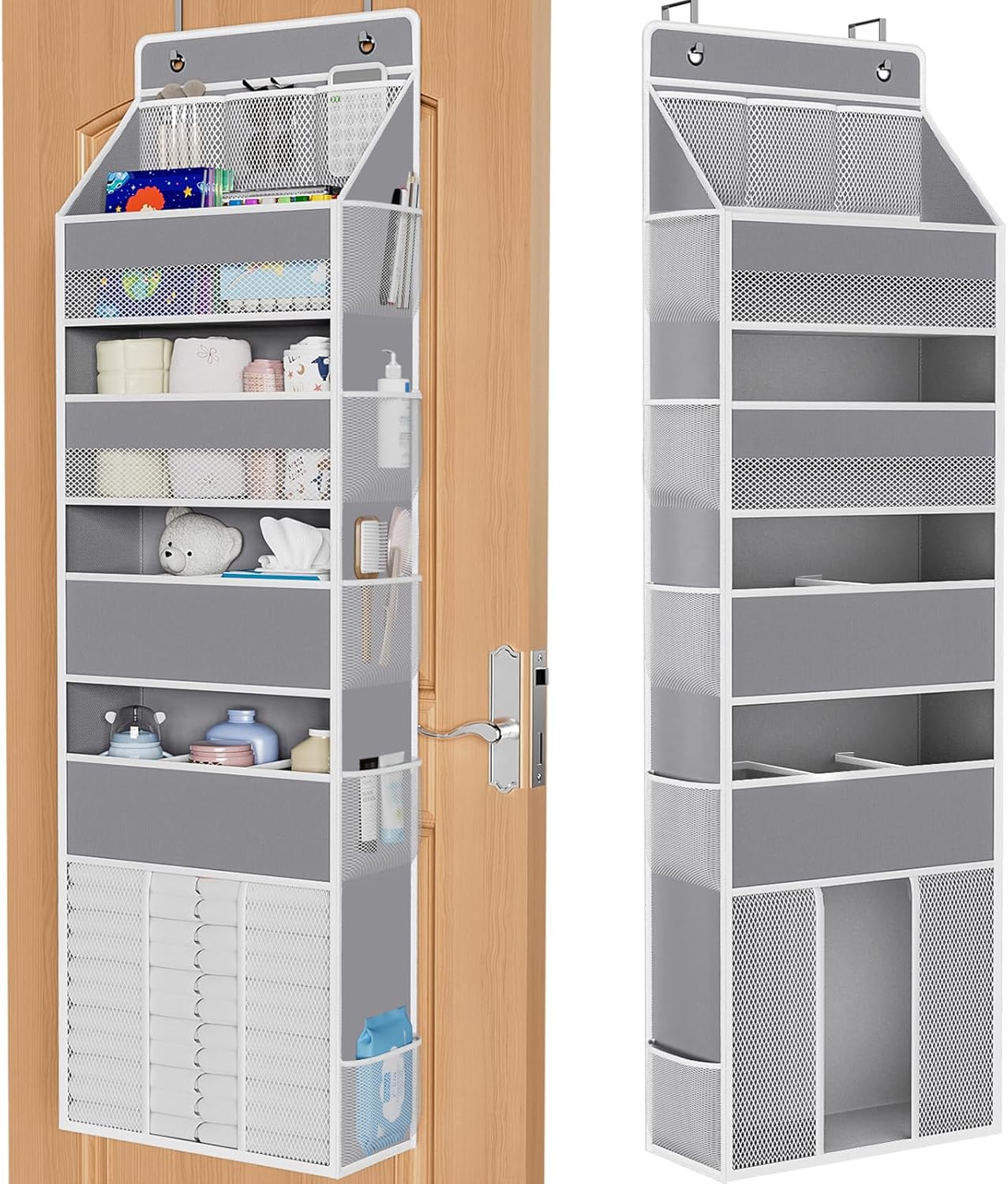 WISELIFE 5-Tier Over The Door Organizer - Heavy-Duty 50LB Storage with 5 Pockets & 13 Mesh Pockets | Gray