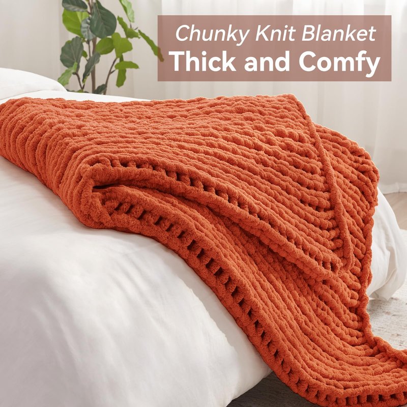 Negwoo Chunky Knit Throw Blanket, 30''*40'' Fall Throw Blanket Knitted Chenille Yarn for Bed Couch, Handmade Orange Crochet Big Thick Blanket, Machine Washable Cute Comfy Blankets for Home Decor