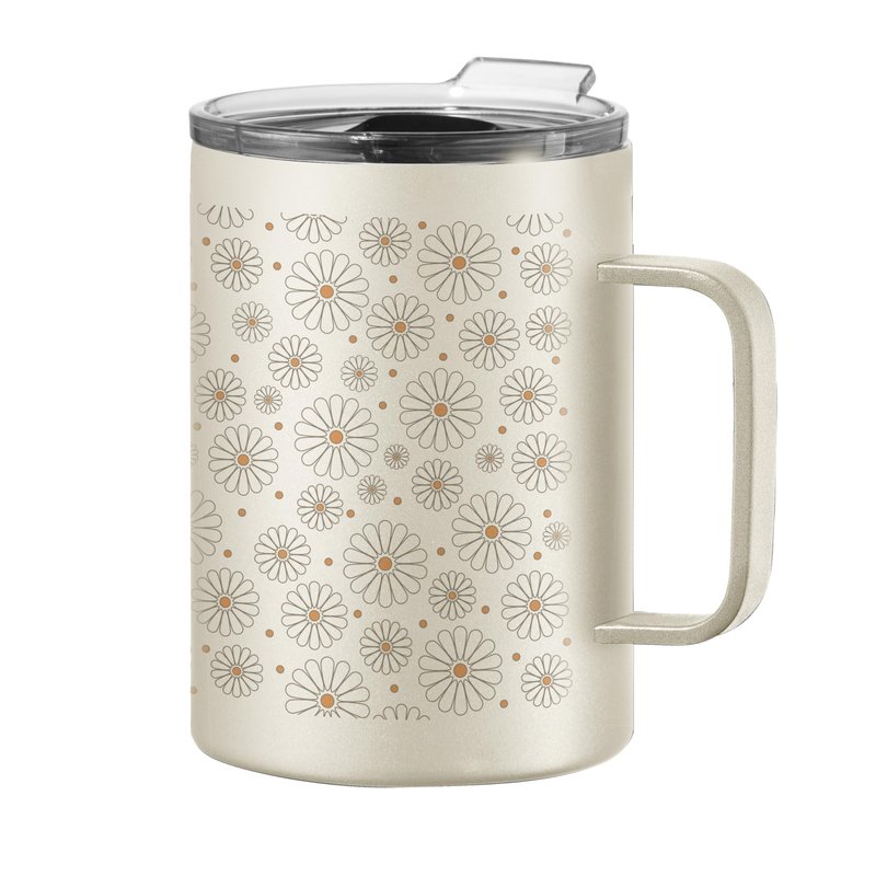Oggi ThermoMug Stainless Steel Insulated Mug- Double Wall Vacuum Insulated w/Handle & Lid, Coffee Cup, Camping Mug, Travel Thermos, 14oz(420ml), Daisy