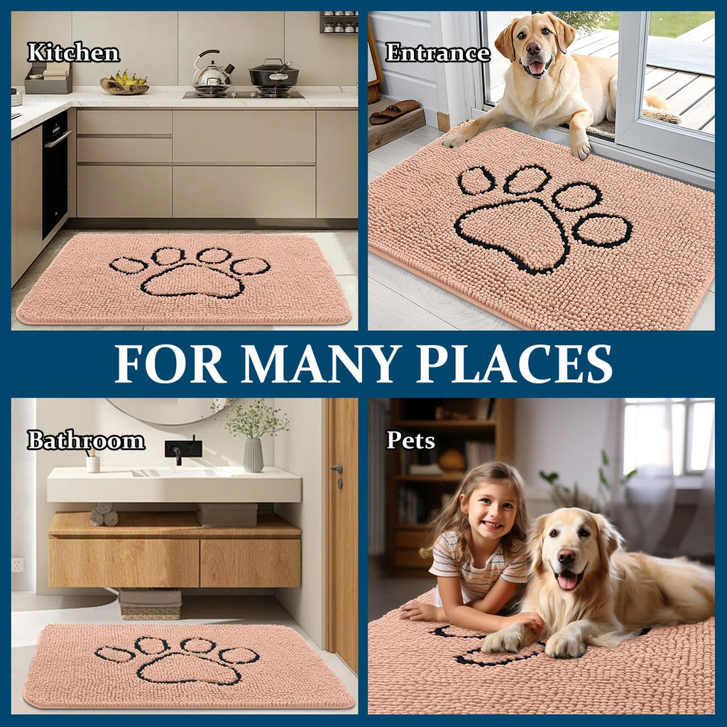 OLANLY Dog Door Mat - Absorbent Non-Slip Mud Mat for Dogs | 36x24 Paw Print Design in Peach