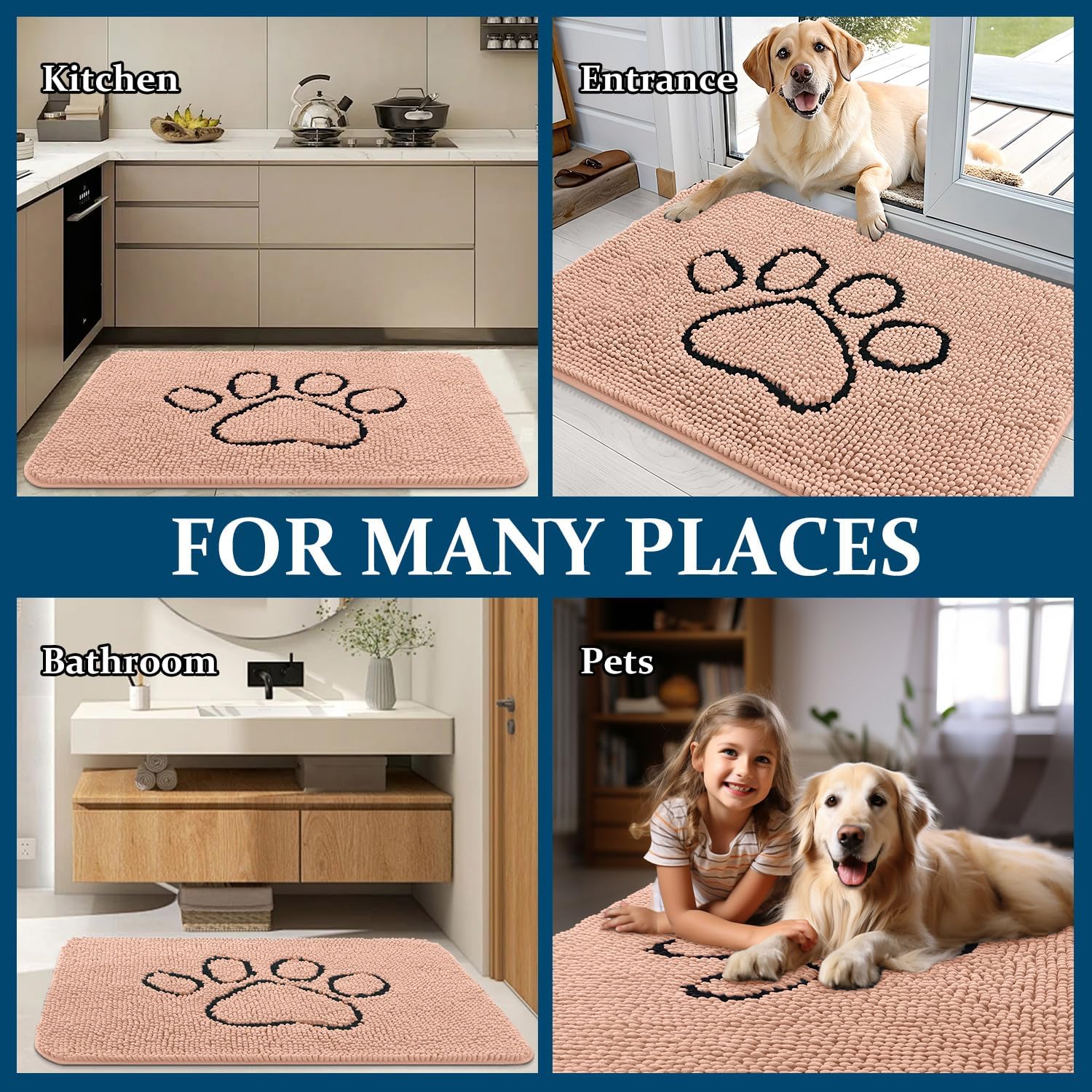 OLANLY Dog Door Mat - Absorbent Non-Slip Mud Mat for Dogs | 36x24 Paw Print Design in Peach