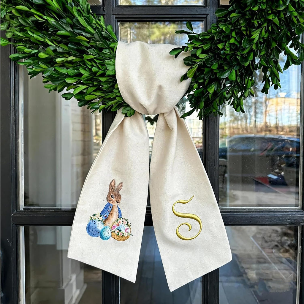Skiennix Rabbit Easter Wreath - Custom Embroidered Monogram Bunny Sash for Front Door Decor (Small)