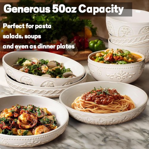 Artena Pasta Bowls - 50oz Large Salad Serving Bowls | Set of 4 White Ceramic Dinner Bowls, Microwave & Dishwasher Safe