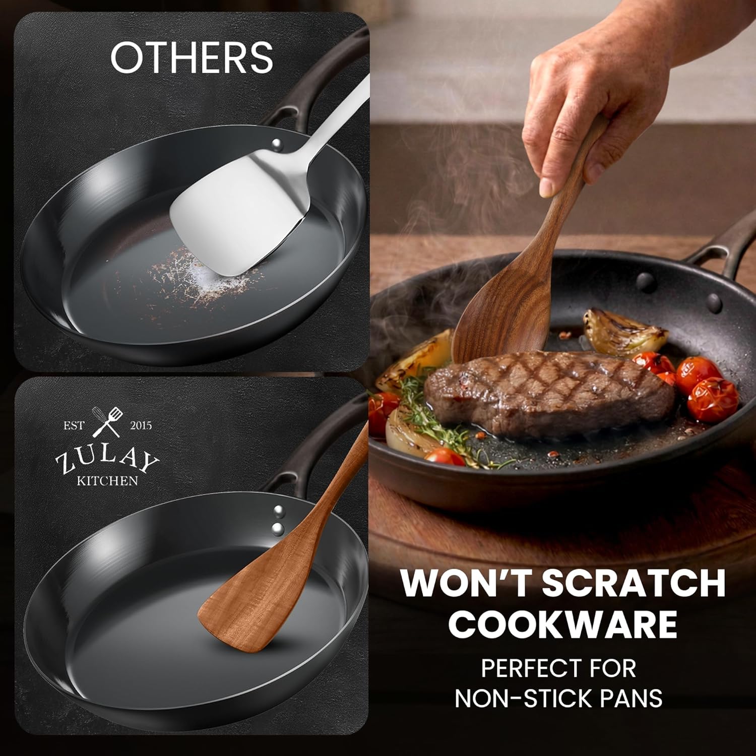 Zulay Kitchen Wooden Cooking Spoons Set - 6 Durable Teak Utensils with Comfort Grip, Easy to Clean