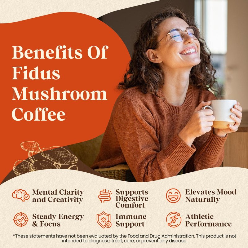 Fidus 16 in 1 Mushroom Coffee with 8000mg Adaptogenic Mushrooms with Ashwagandha, Probiotic, Magnesium and Lion's Mane Instant Mushroom Coffee for Focus, Energy, Immunity & Digestion, 40 Servings
