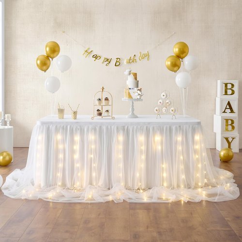 White Tulle Tutu Table Skirt for Baby Shower Wedding,Birthday Party,LED Rectangle or Round Tablecloth for Gender Revel or Baptism (14 ft table skirt), L 14(ft)xH 30in