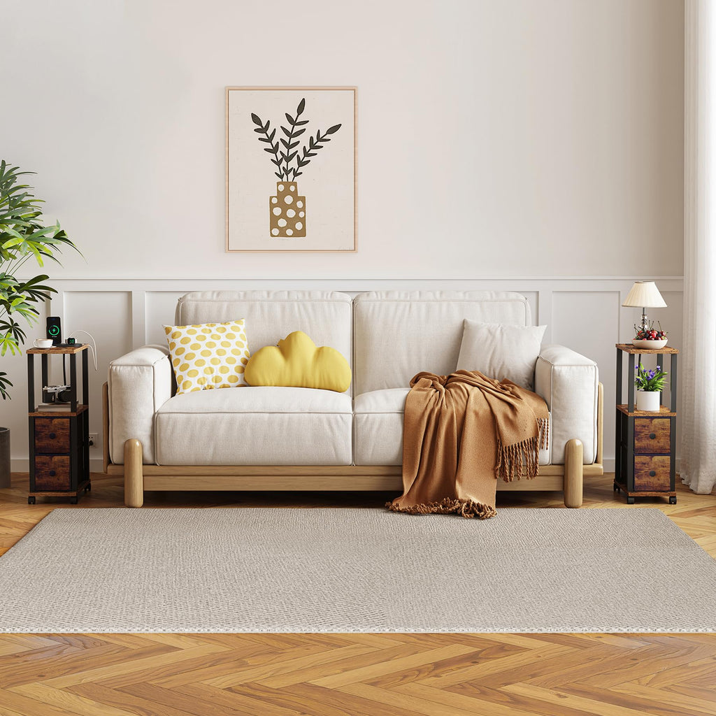 TUTOTAK Small Narrow End Tables, Side Tables with 2 Fabric Drawers, Set of 2, Bedside Tables with Charging Station for Small Spaces, Slim Nightstands with USB Ports and Wheels, TB01BB053C