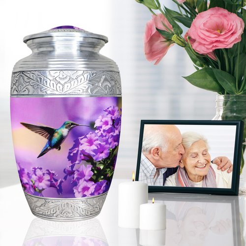 M MEILINXU Urn for Ashes for Women & Man, Cremation Urns for Human Ashes Adult Female & Male, Funeral Decorative, Engraving Urn, Purple Flower and Hummingbird - Large Full Size