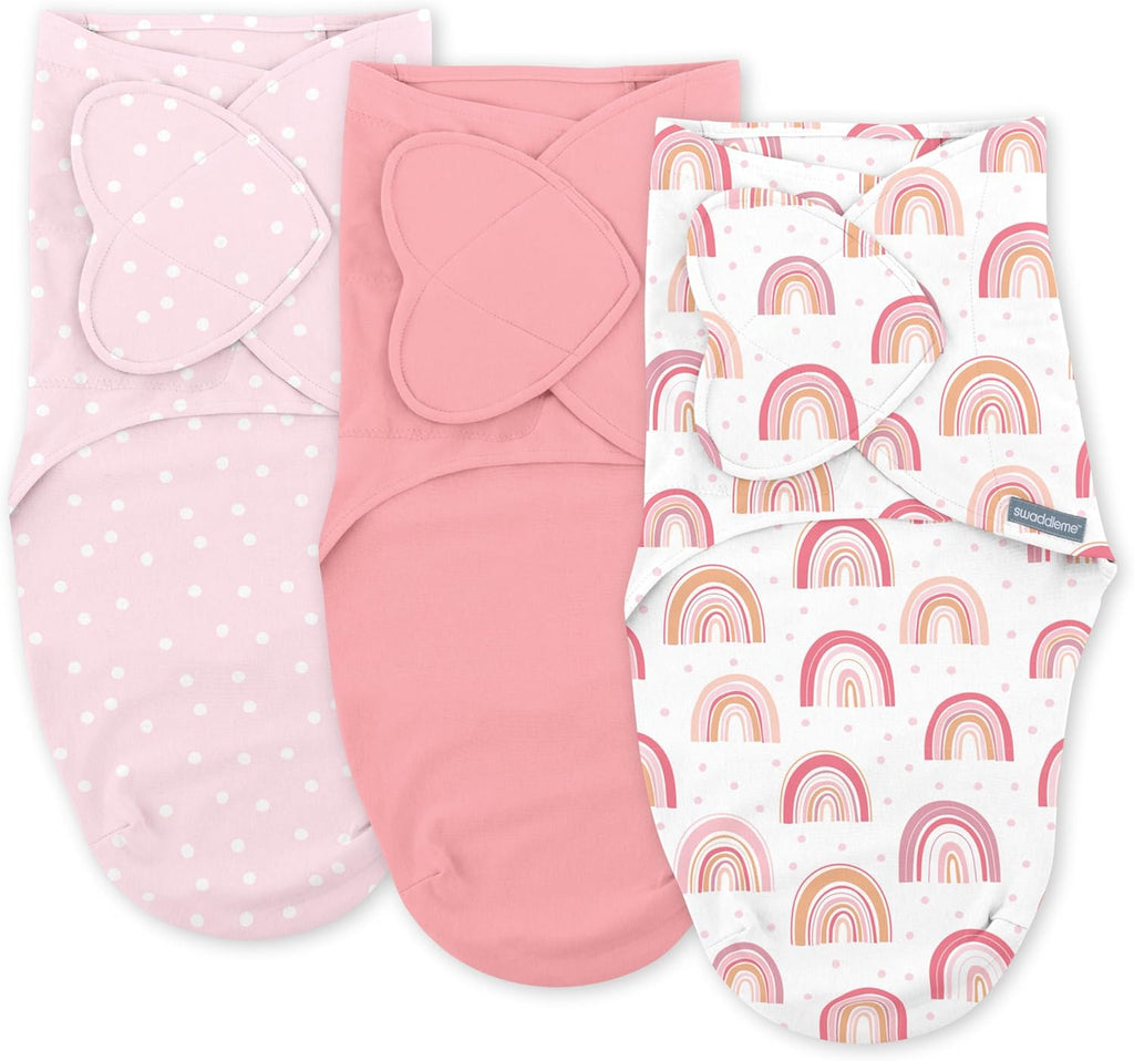 SwaddleMe by Ingenuity Baby Swaddle - 100% Cotton, 1.0 TOG, Pocket Fold Design, 3-Pack | Improves Sleep, 0-3 Months - Rainbow