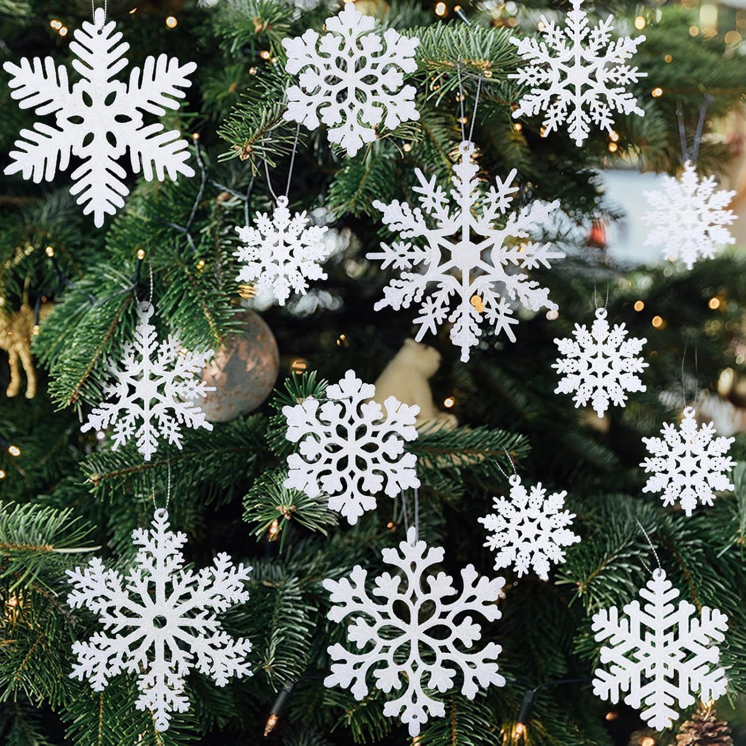 NEWMIAO Snowflake Ornaments - 36pcs Glitter Plastic Decorations for Christmas Tree | 5 Unique Patterns