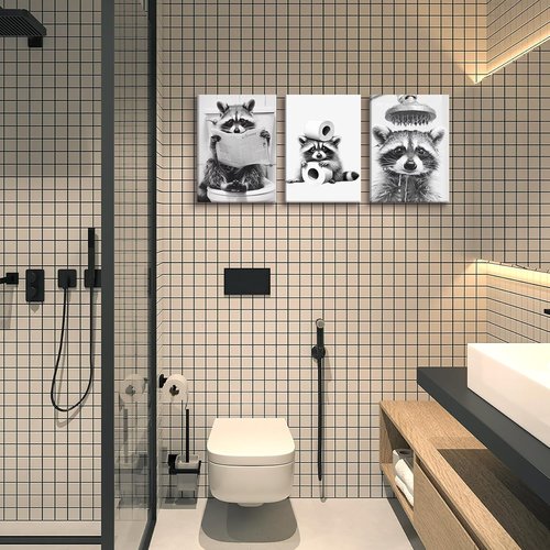 DCMVJHZV Funny Bathroom Wall Art - Cute Raccoon Canvas Decor | Black & White Farmhouse Prints (12"x16", Set of 3)