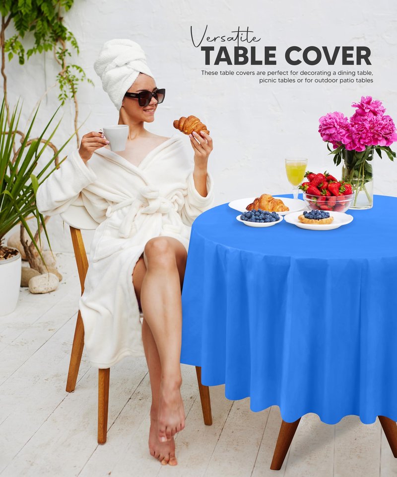 Utopia Kitchen Plastic Table Cloth Disposable (12 Pack - 84 Inch) Blue Round Tablecloth Waterproof Stain Resistant Party Table Cover
